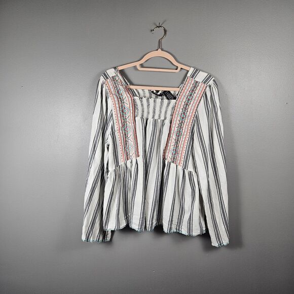 Wrangler Retro Top Womens L White Stripe Embroidered Bell Sleeve Smocked Boho - Picture 1 of 6